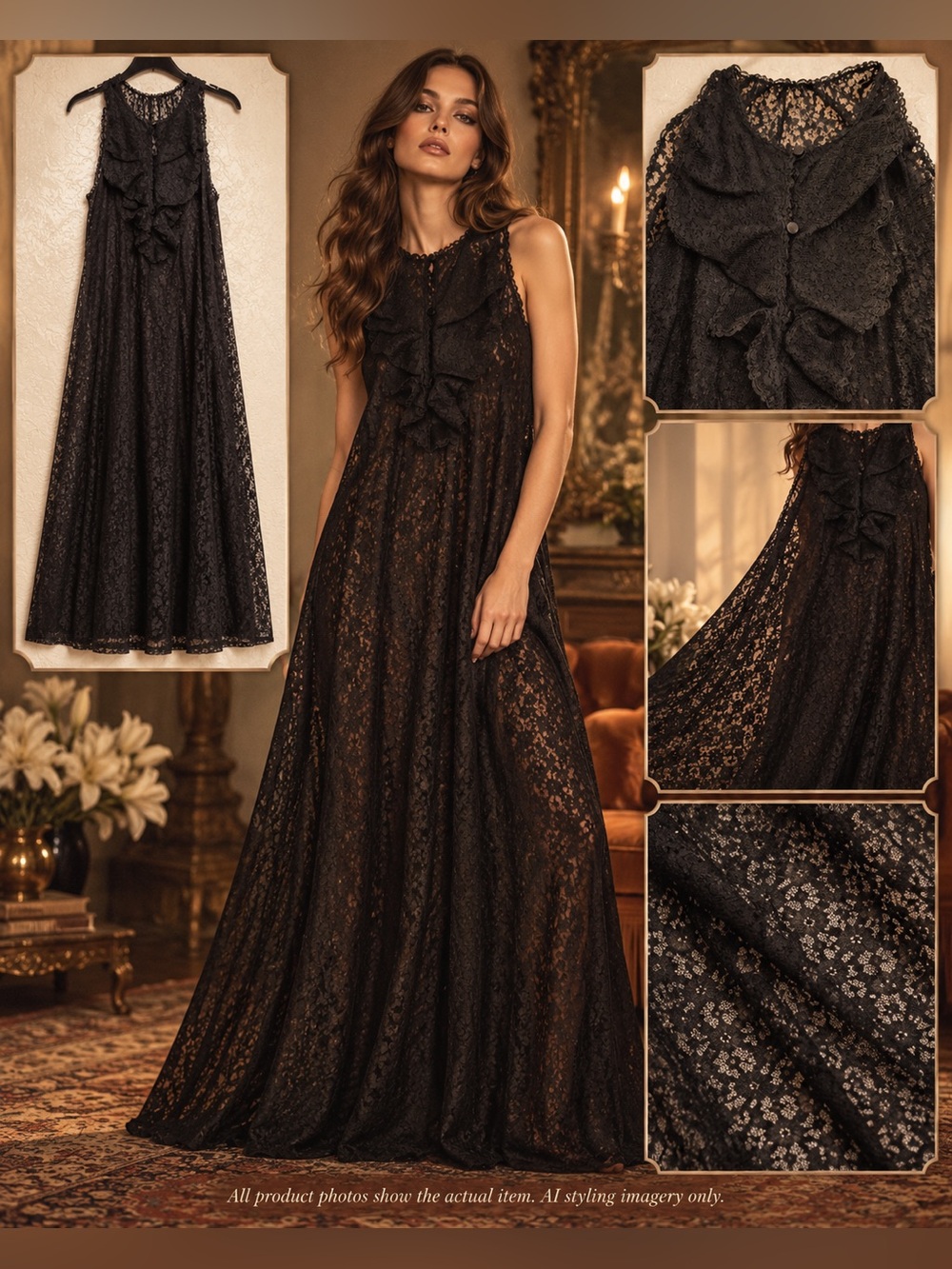 Vtg Gossard Artemis Black All Lace Nightgown Ruffled Halter Slip Dress S 70sGoth